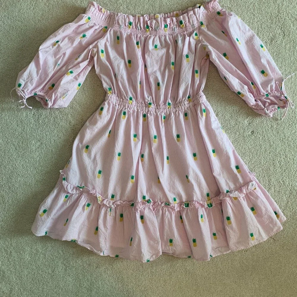 Kate Spade Off Shoulder Pineapple Dress pink embroidered ruffle cotton XS